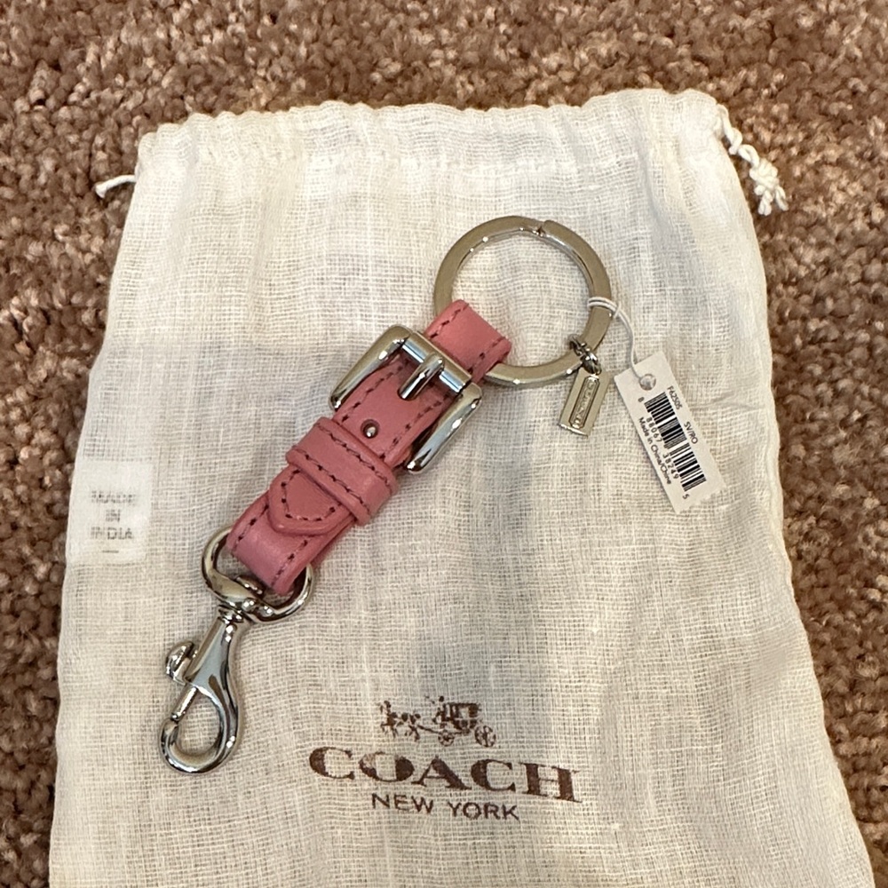 Coach Pink Leather Buckle Strap Keychain with Silver Hardware